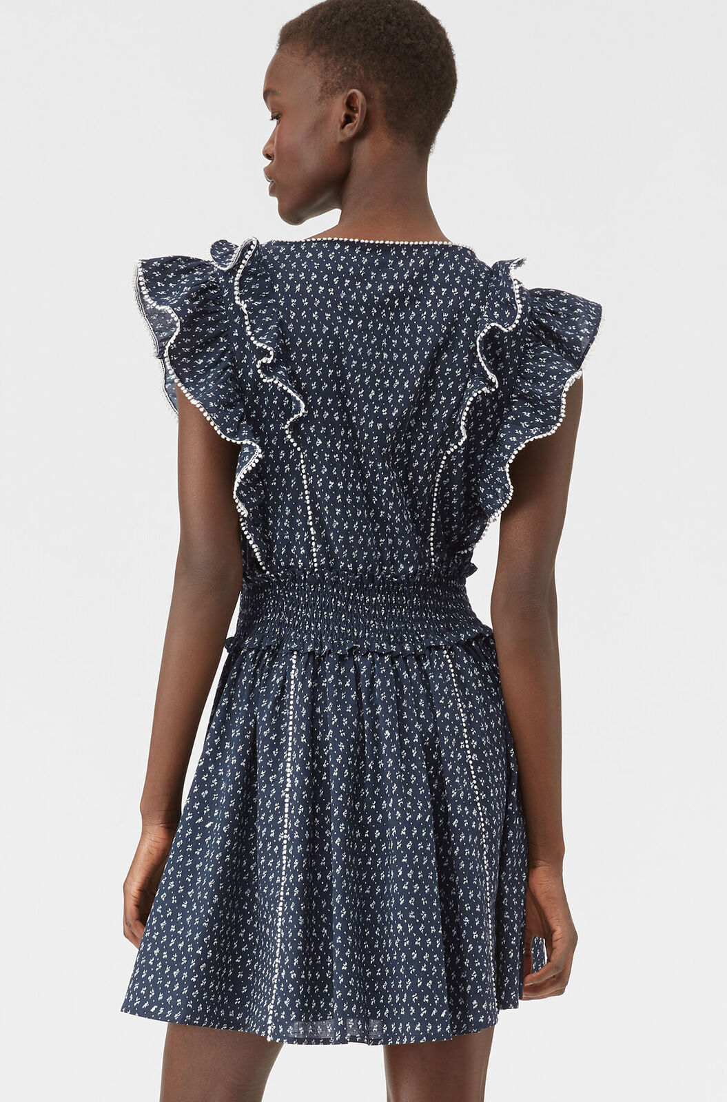 Rebecca Taylor La Vie Ikat Leaf Navy Blue Ruffle Mini Dress Smocked Size S