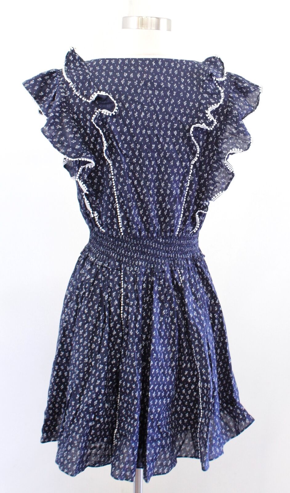 Rebecca Taylor La Vie Ikat Leaf Navy Blue Ruffle Mini Dress Smocked Size S