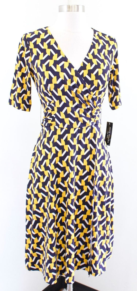 NWT Julie Dillon Stitch Fix Navy Yellow Geometric Faux Wrap Tie Waist Dress Sz 2