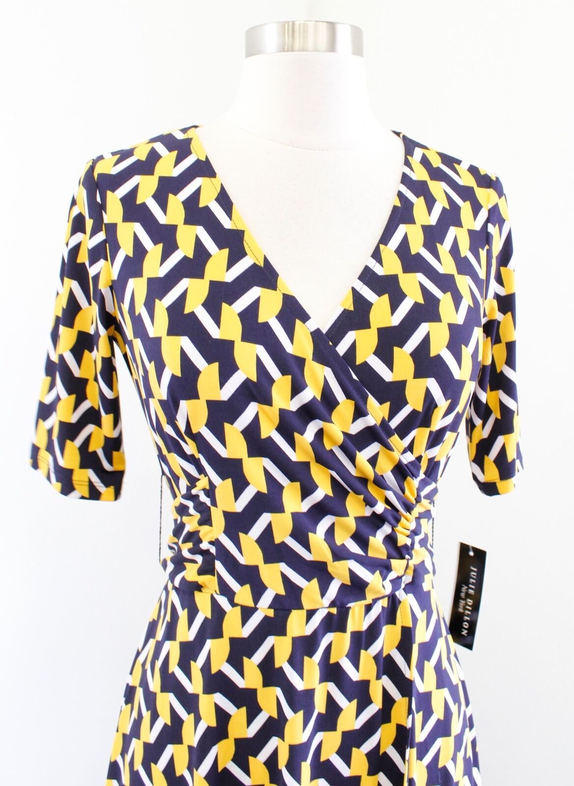 NWT Julie Dillon Stitch Fix Navy Yellow Geometric Faux Wrap Tie Waist Dress Sz 2