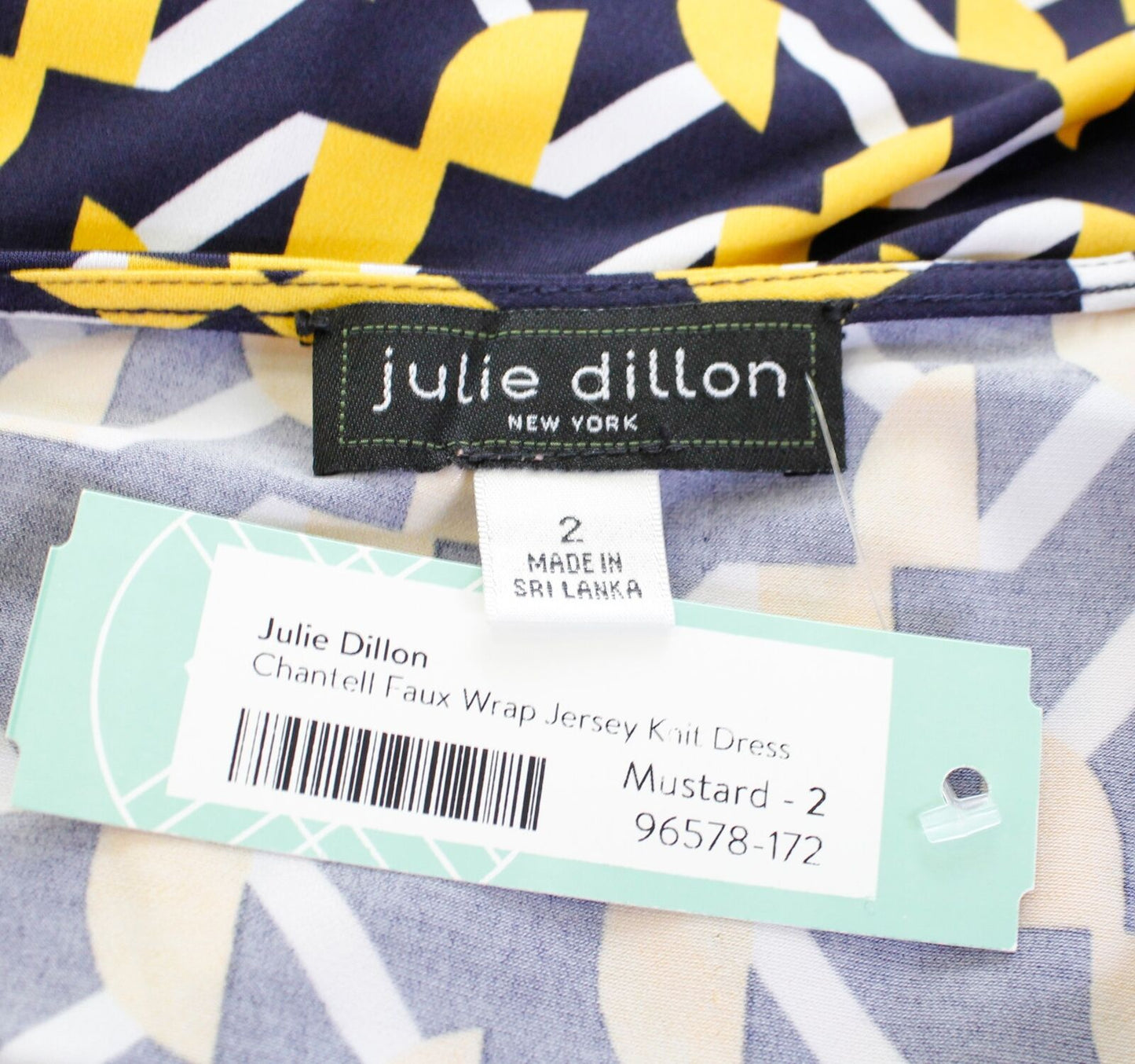 NWT Julie Dillon Stitch Fix Navy Yellow Geometric Faux Wrap Tie Waist Dress Sz 2