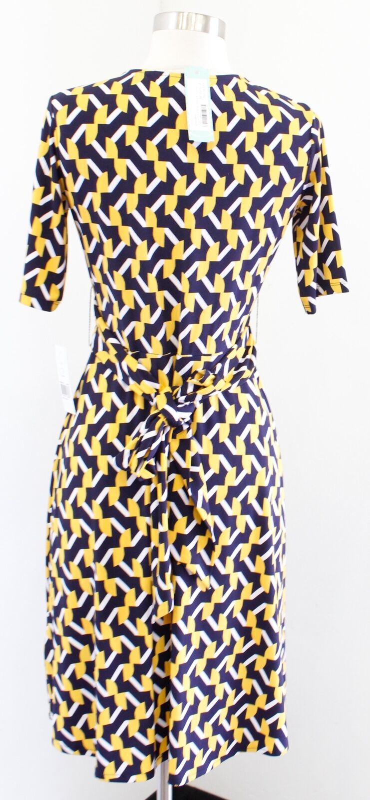 NWT Julie Dillon Stitch Fix Navy Yellow Geometric Faux Wrap Tie Waist Dress Sz 2