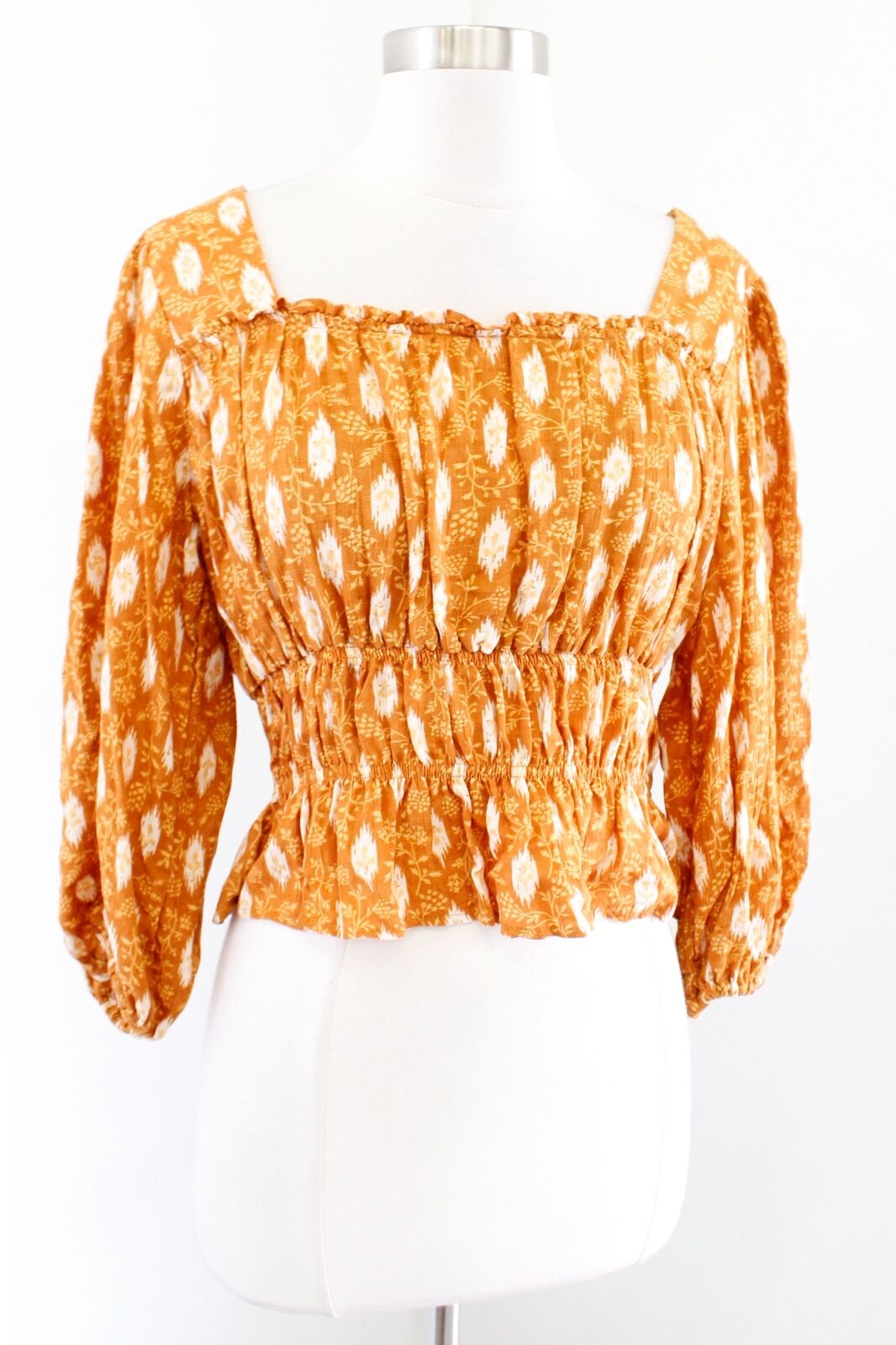 NWT Haute Hippie Orange Floral Print Smocked Cropped Peasant Top Blouse Size XS