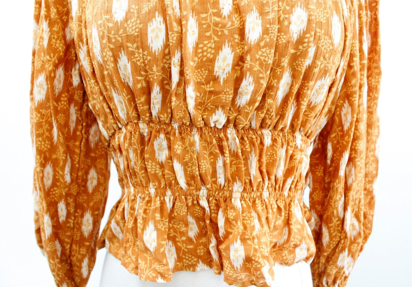 NWT Haute Hippie Orange Floral Print Smocked Cropped Peasant Top Blouse Size XS