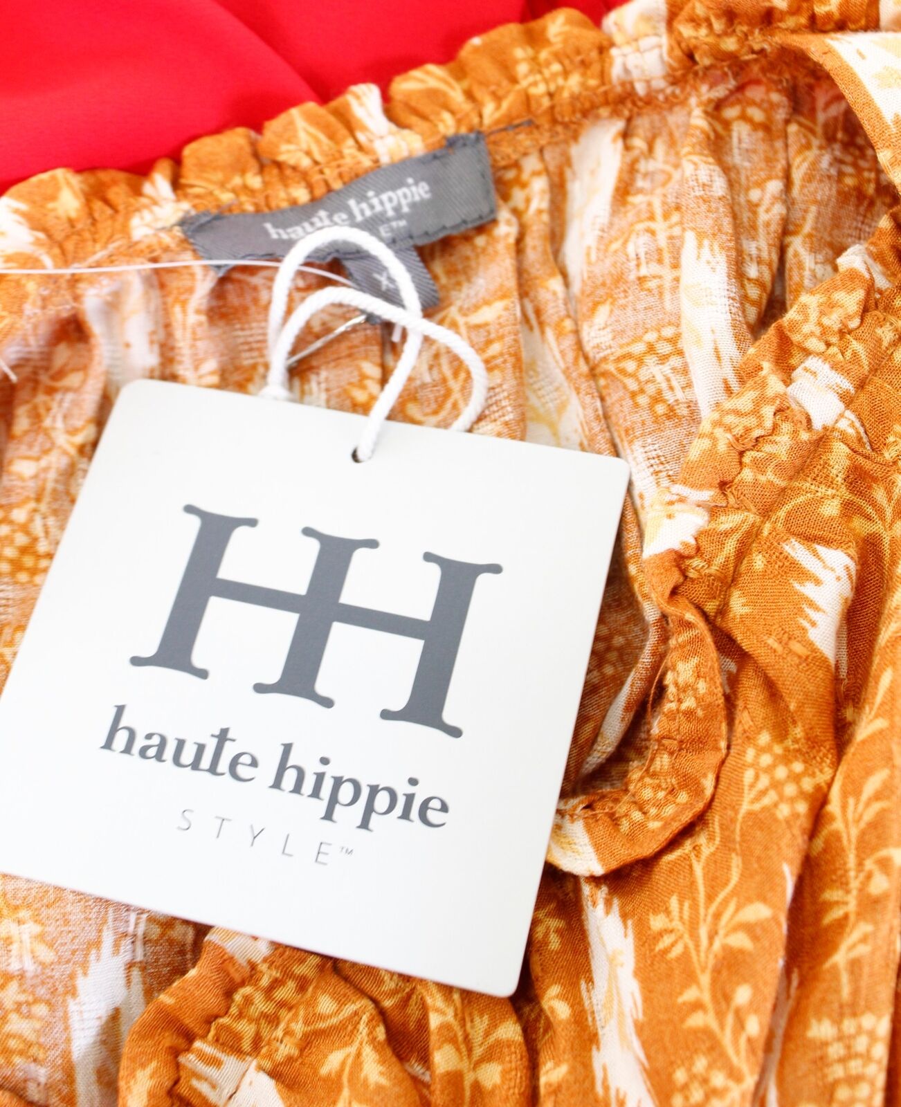 NWT Haute Hippie Orange Floral Print Smocked Cropped Peasant Top Blouse Size XS