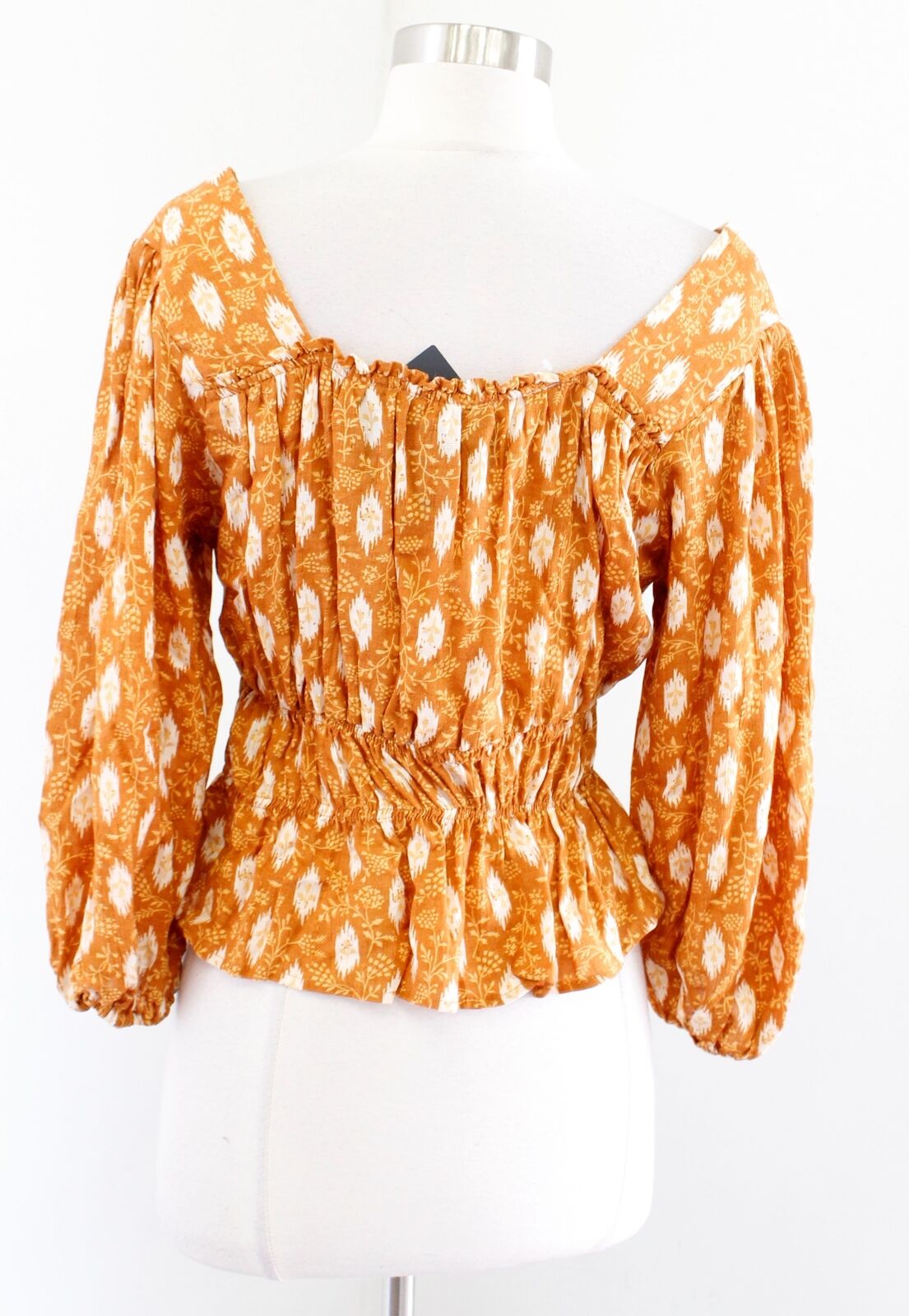 NWT Haute Hippie Orange Floral Print Smocked Cropped Peasant Top Blouse Size XS