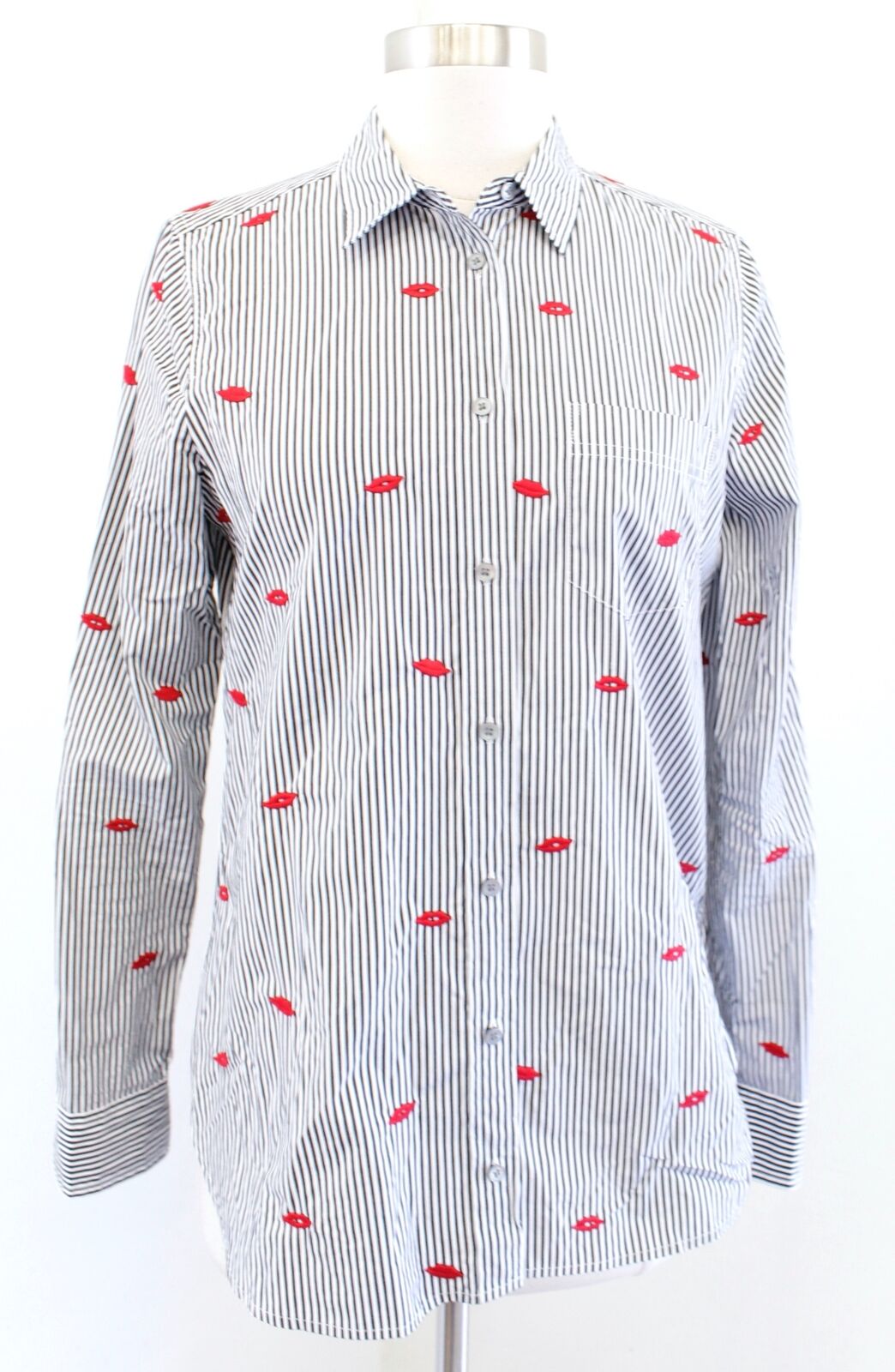 J Crew Gray Striped Classic Boy Shirt in Embroidered Kisses size 4 Red White Long Sleeve