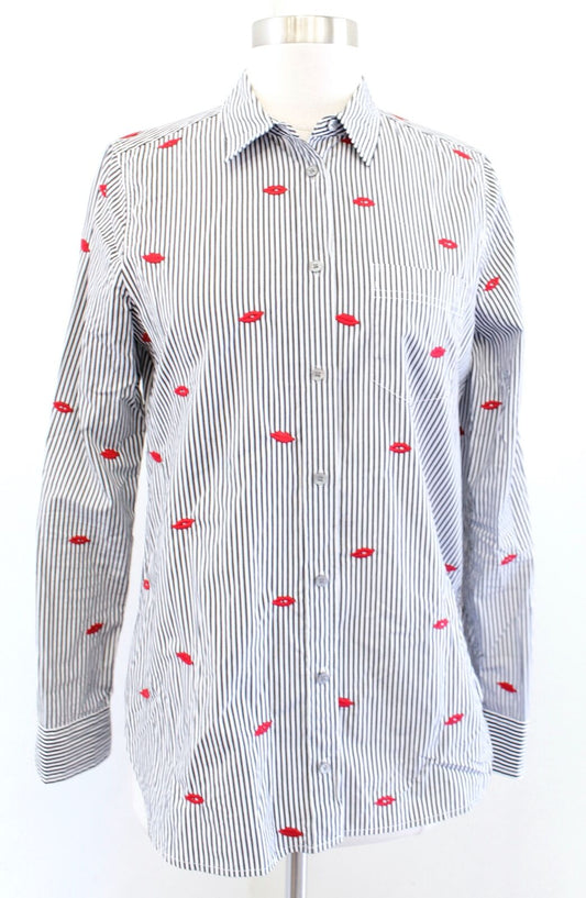 J Crew Gray Striped Classic Boy Shirt in Embroidered Kisses size 4 Red White Long Sleeve