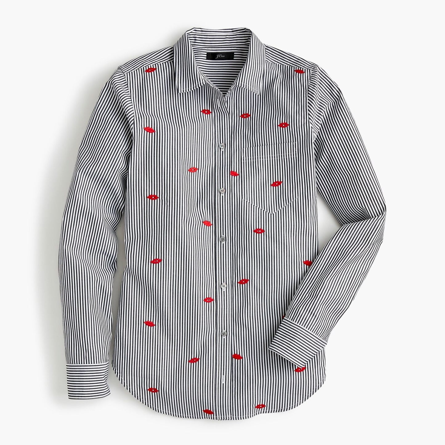J Crew Gray Striped Classic Boy Shirt in Embroidered Kisses size 4 Red White Long Sleeve