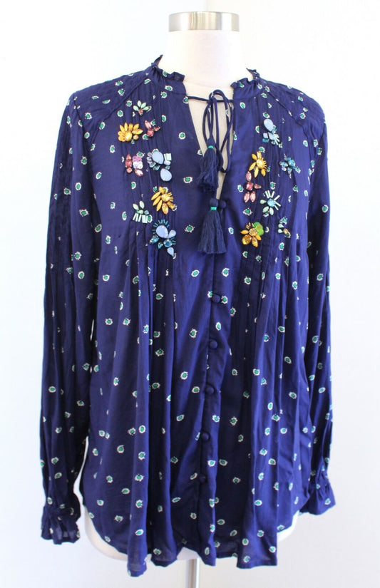Vanessa Virginia Anthropologie Ashton Navy Blue Jeweled Embellished Top Blouse 6 Long Sleeve