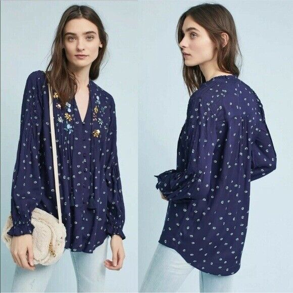 Vanessa Virginia Anthropologie Ashton Navy Blue Jeweled Embellished Top Blouse 6 Long Sleeve