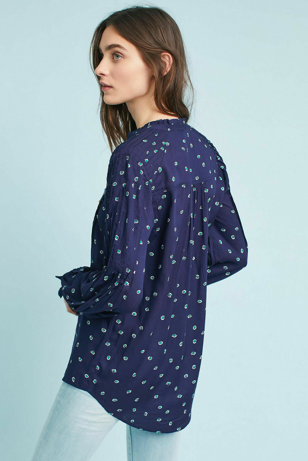 Vanessa Virginia Anthropologie Ashton Navy Blue Jeweled Embellished Top Blouse 6 Long Sleeve