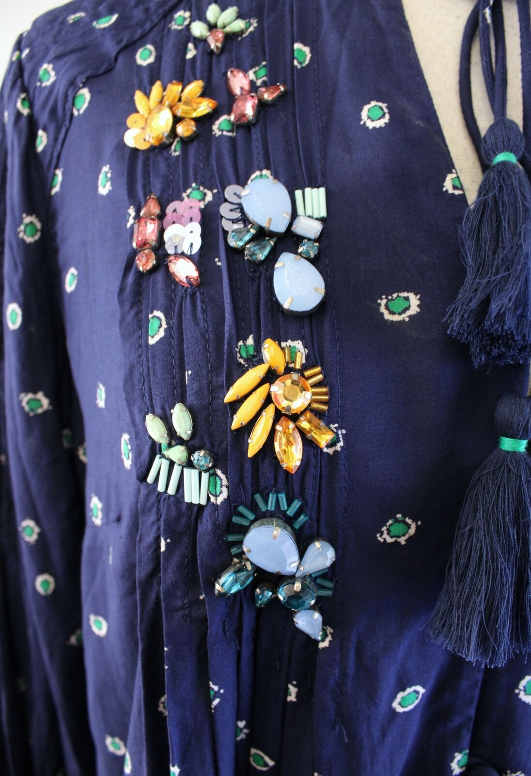 Vanessa Virginia Anthropologie Ashton Navy Blue Jeweled Embellished Top Blouse 6 Long Sleeve