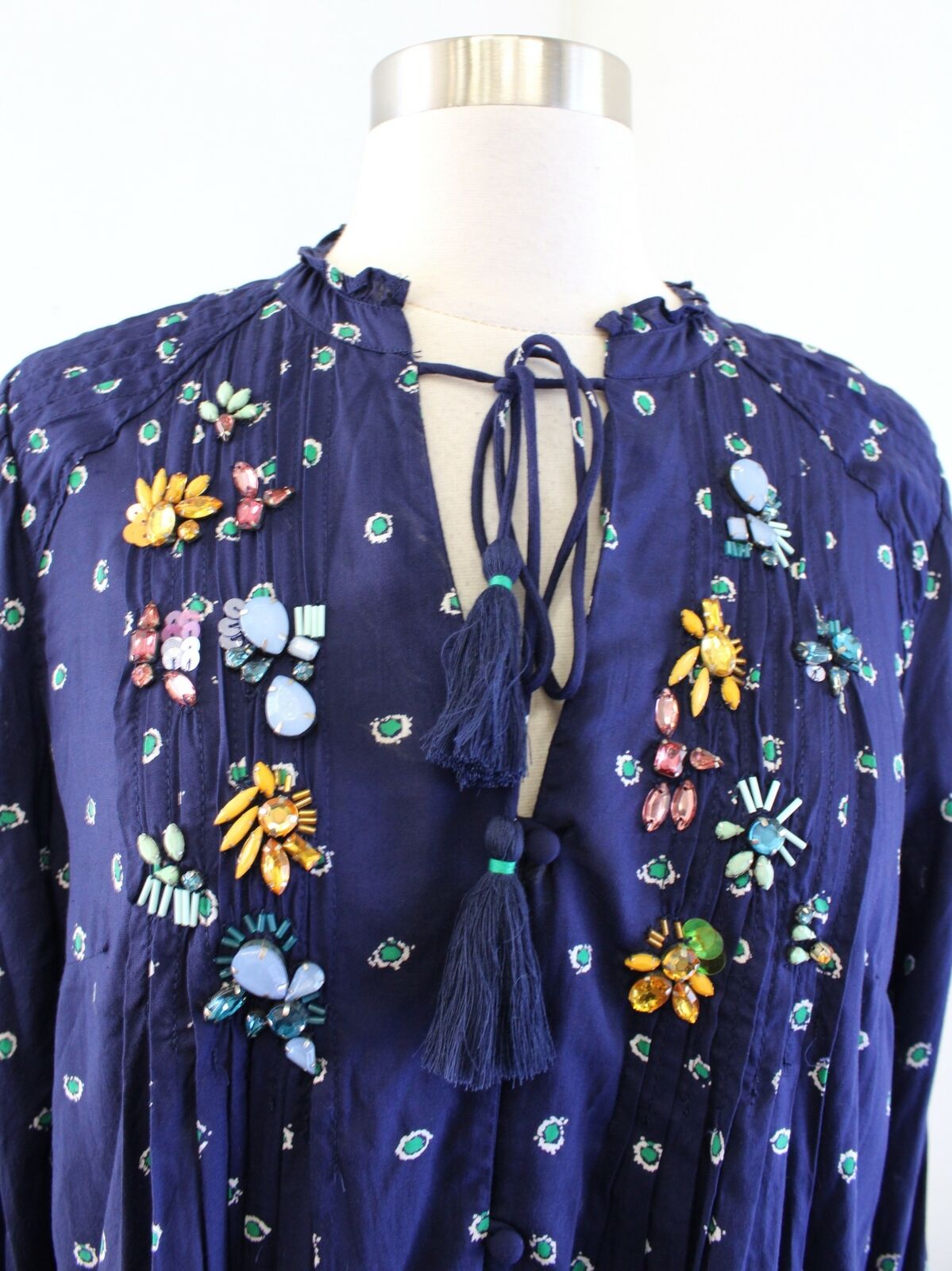 Vanessa Virginia Anthropologie Ashton Navy Blue Jeweled Embellished Top Blouse 6 Long Sleeve