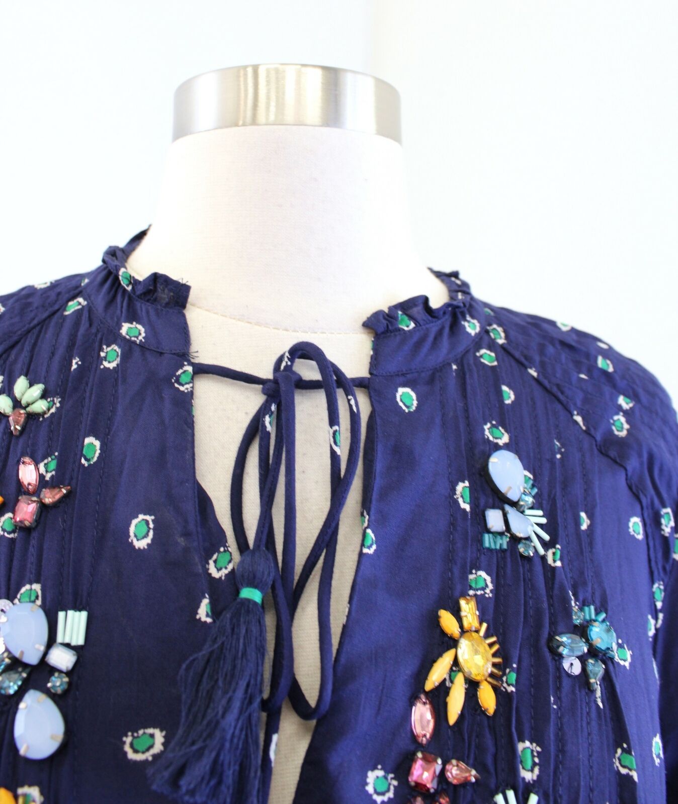 Vanessa Virginia Anthropologie Ashton Navy Blue Jeweled Embellished Top Blouse 6 Long Sleeve