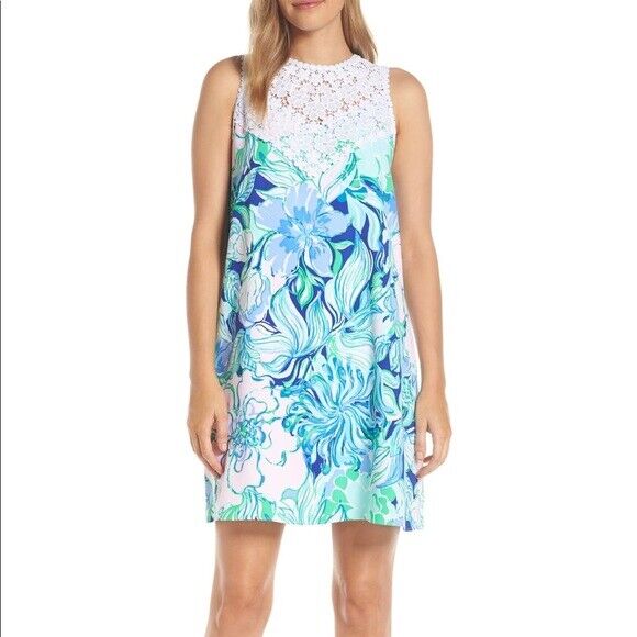 NWT Lilly Pulitzer Nala Party Thyme Floral Lace Shift Dress Size 2 Blue Green