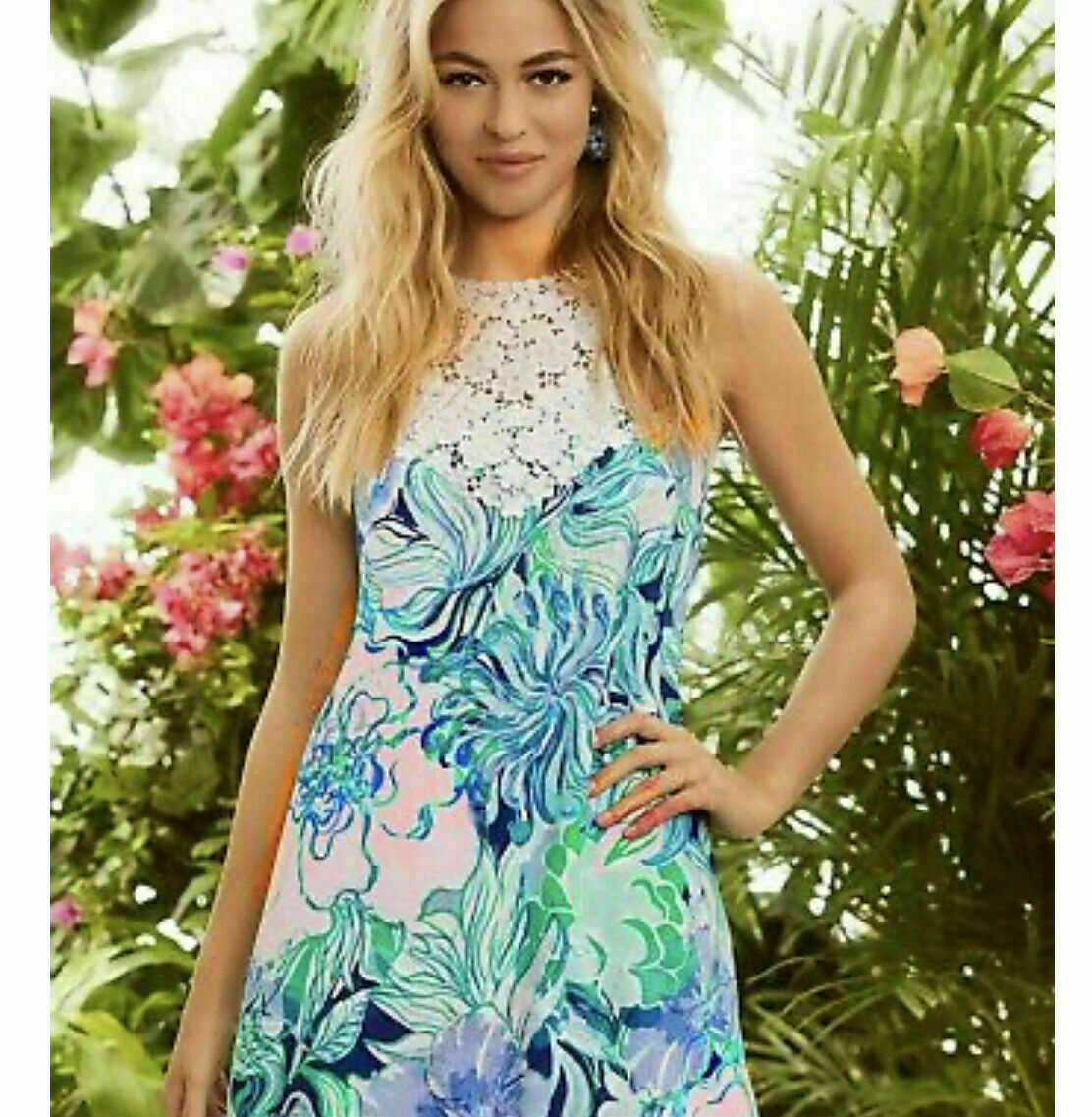 NWT Lilly Pulitzer Nala Party Thyme Floral Lace Shift Dress Size 2 Blue Green