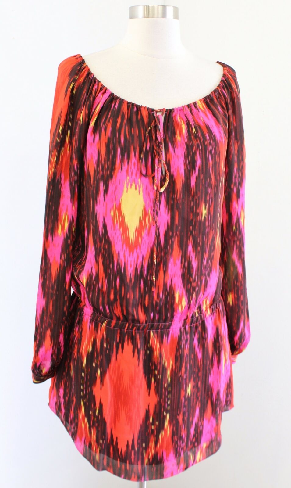 Haute Hippie Silk Ikat Geometric Print Mini Dress Size S Pink Red Long Sleeve