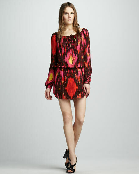 Haute Hippie Silk Ikat Geometric Print Mini Dress Size S Pink Red Long Sleeve