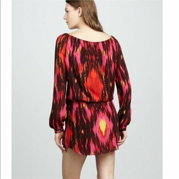 Haute Hippie Silk Ikat Geometric Print Mini Dress Size S Pink Red Long Sleeve