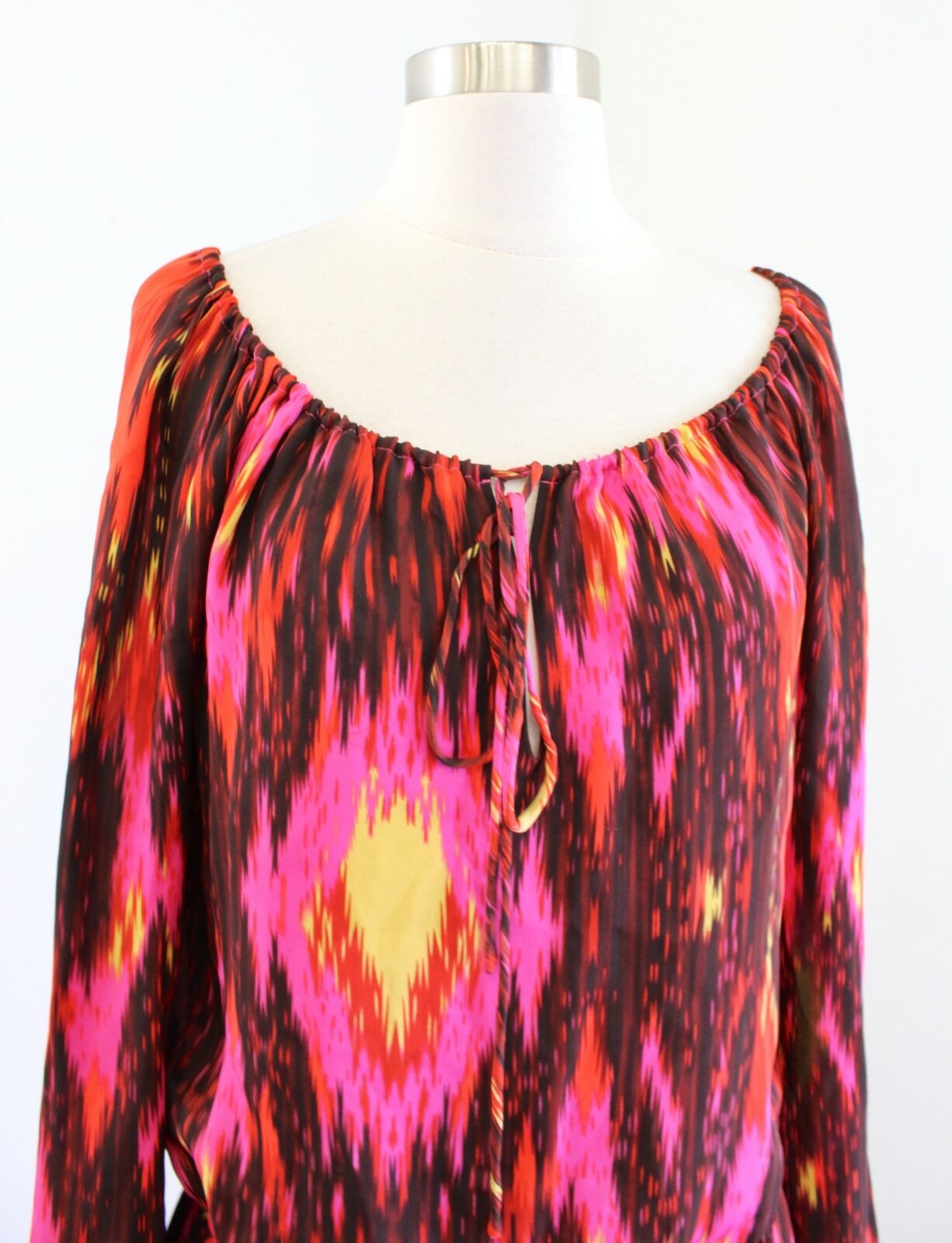 Haute Hippie Silk Ikat Geometric Print Mini Dress Size S Pink Red Long Sleeve
