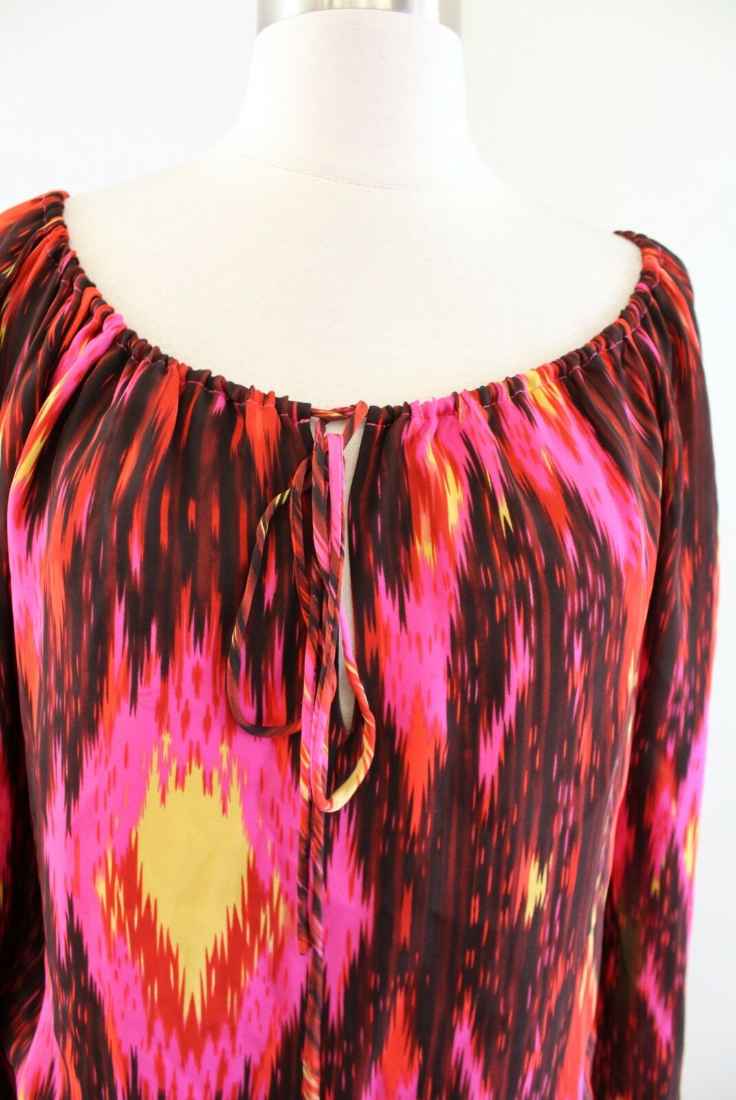 Haute Hippie Silk Ikat Geometric Print Mini Dress Size S Pink Red Long Sleeve