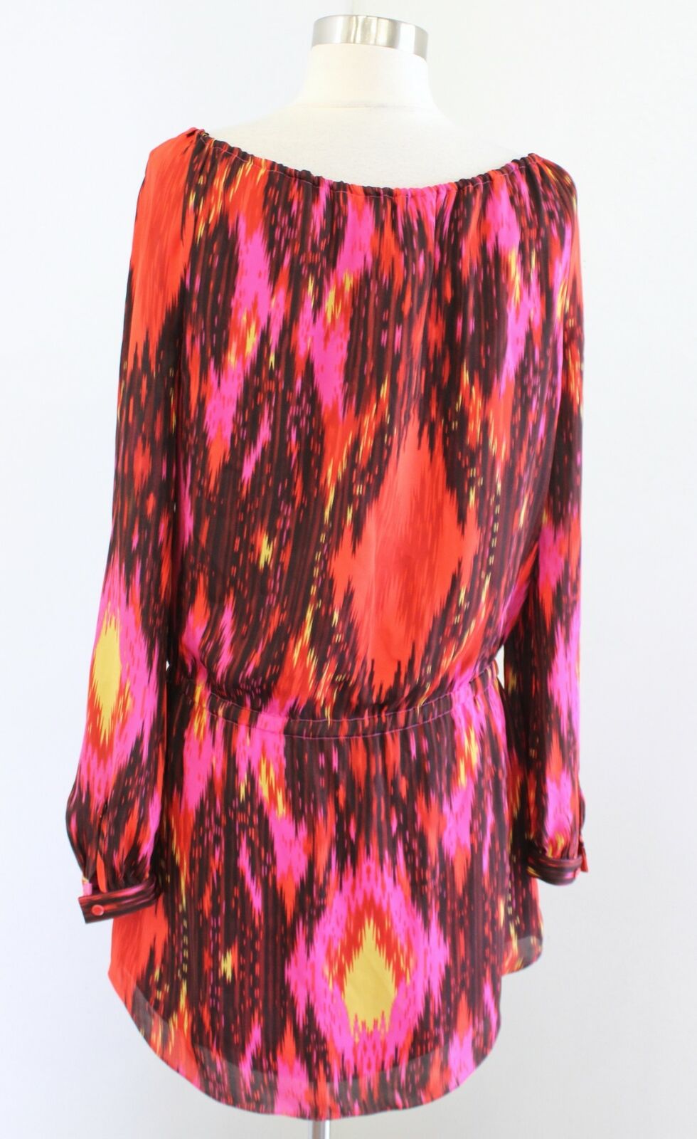 Haute Hippie Silk Ikat Geometric Print Mini Dress Size S Pink Red Long Sleeve