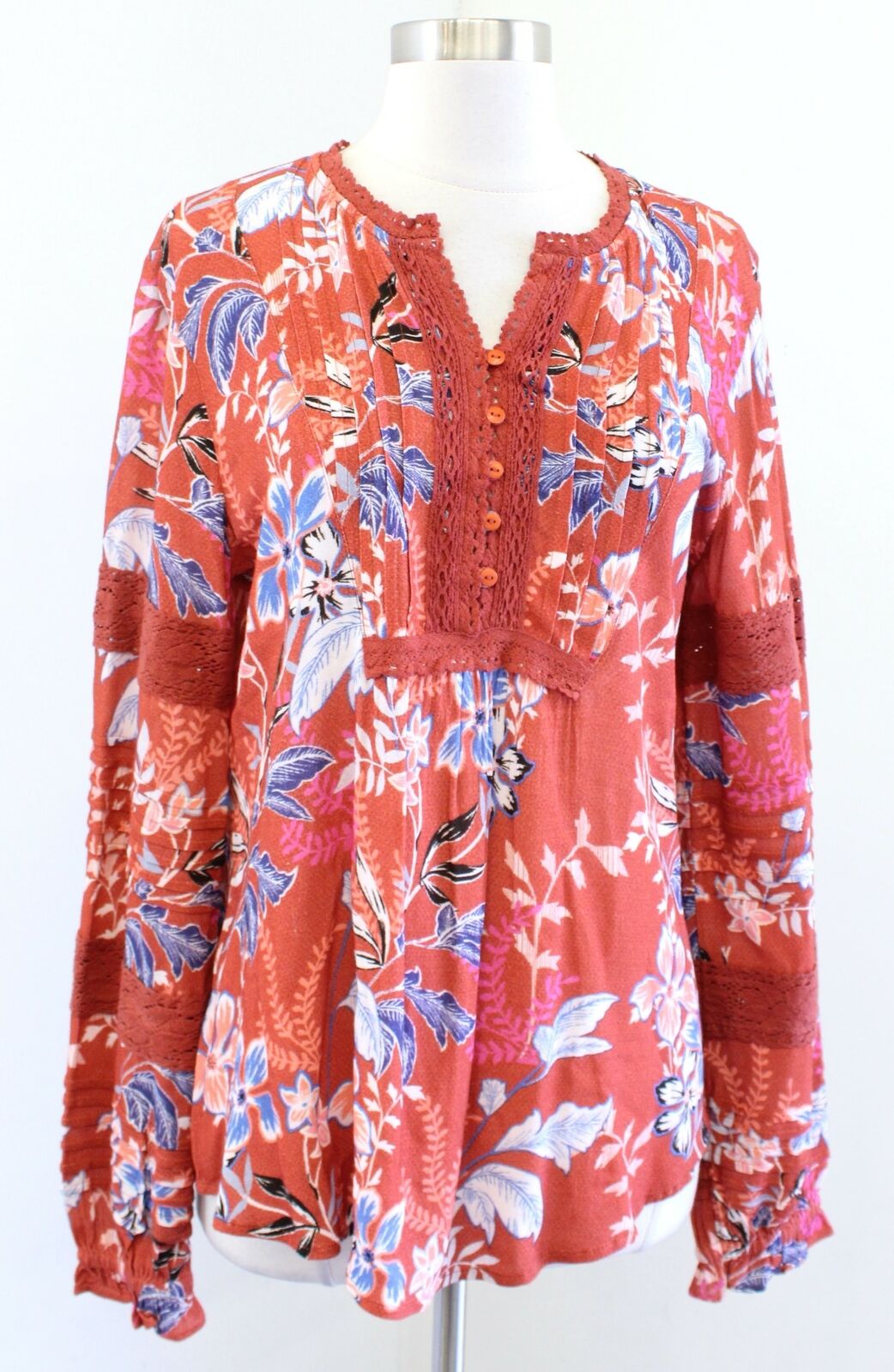 Sundance Floral Spirit Orange Printed Crochet Lace Trim Top Blouse Size S Blue Long sleeve