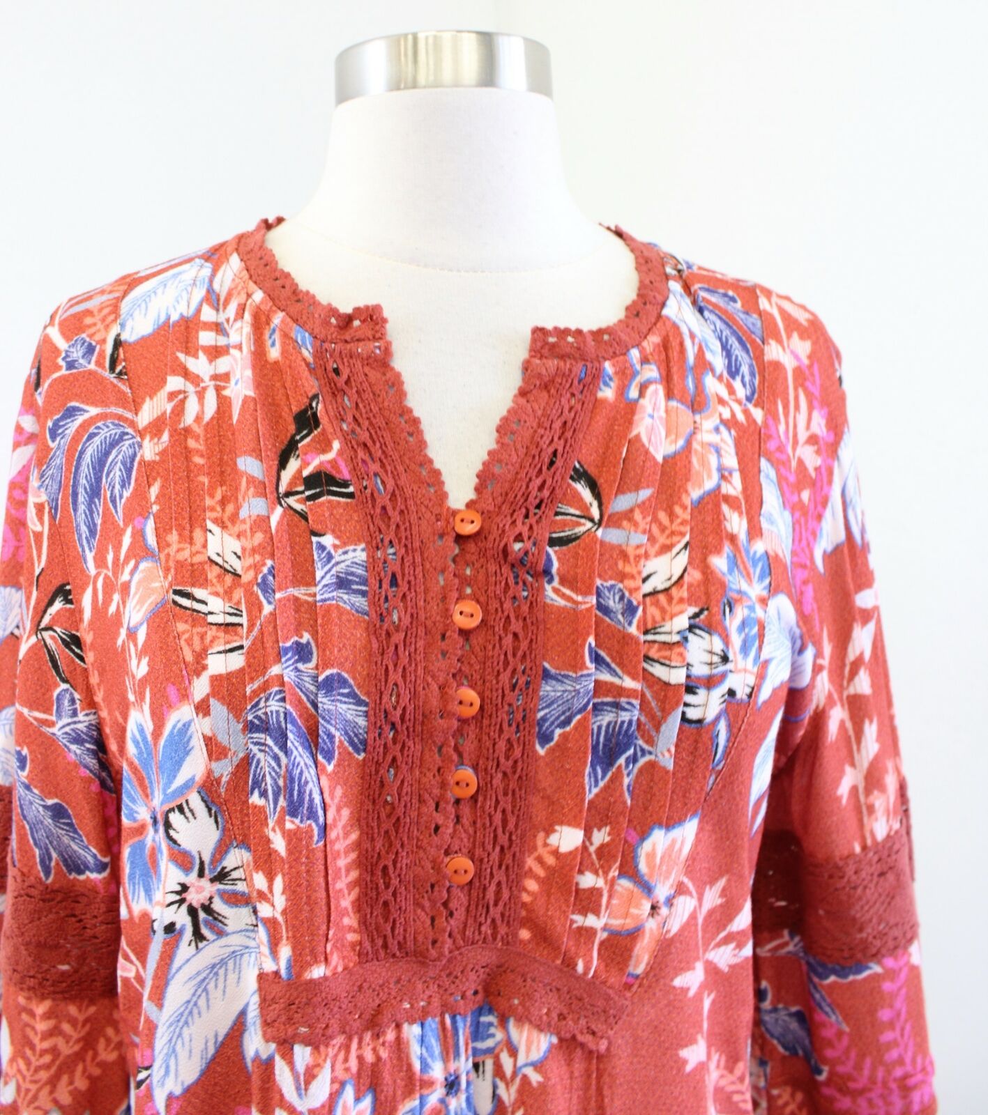 Sundance Floral Spirit Orange Printed Crochet Lace Trim Top Blouse Size S Blue Long sleeve