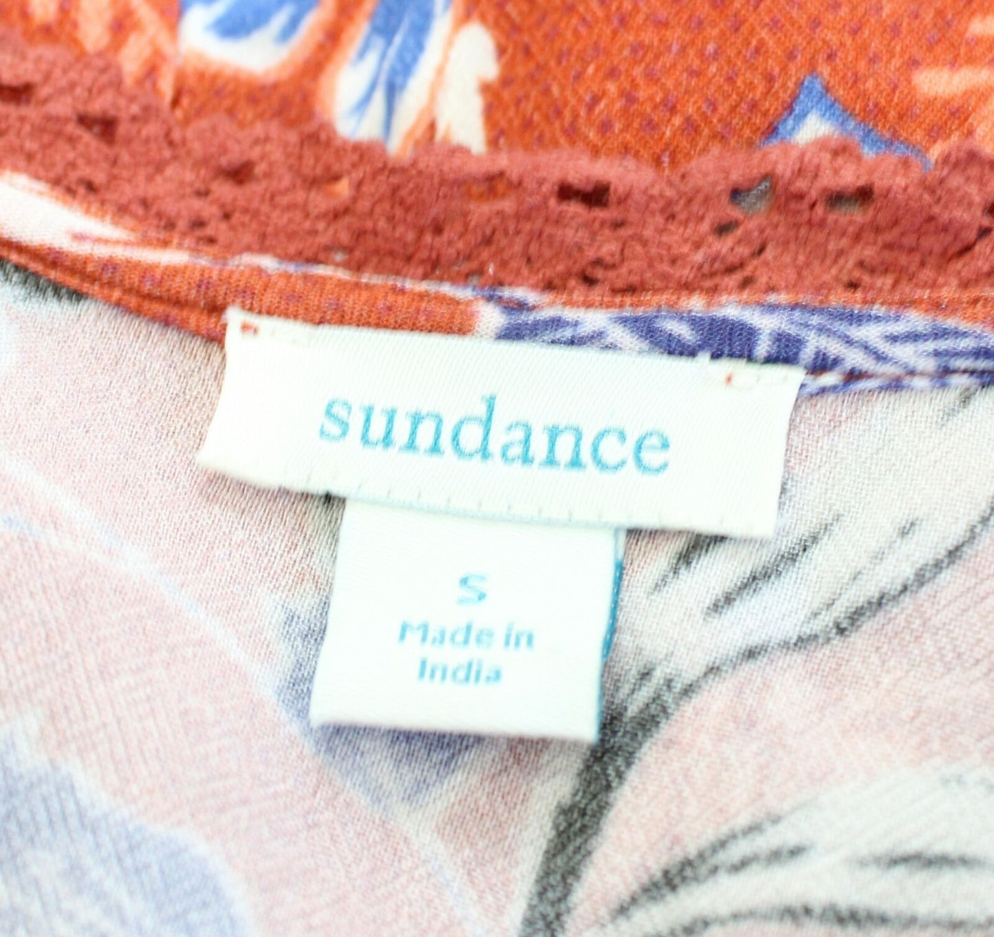 Sundance Floral Spirit Orange Printed Crochet Lace Trim Top Blouse Size S Blue Long sleeve