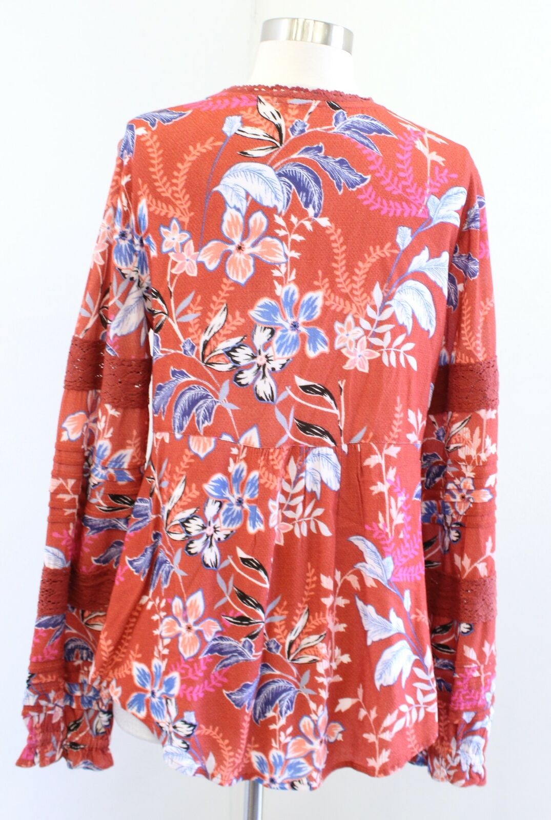Sundance Floral Spirit Orange Printed Crochet Lace Trim Top Blouse Size S Blue Long sleeve