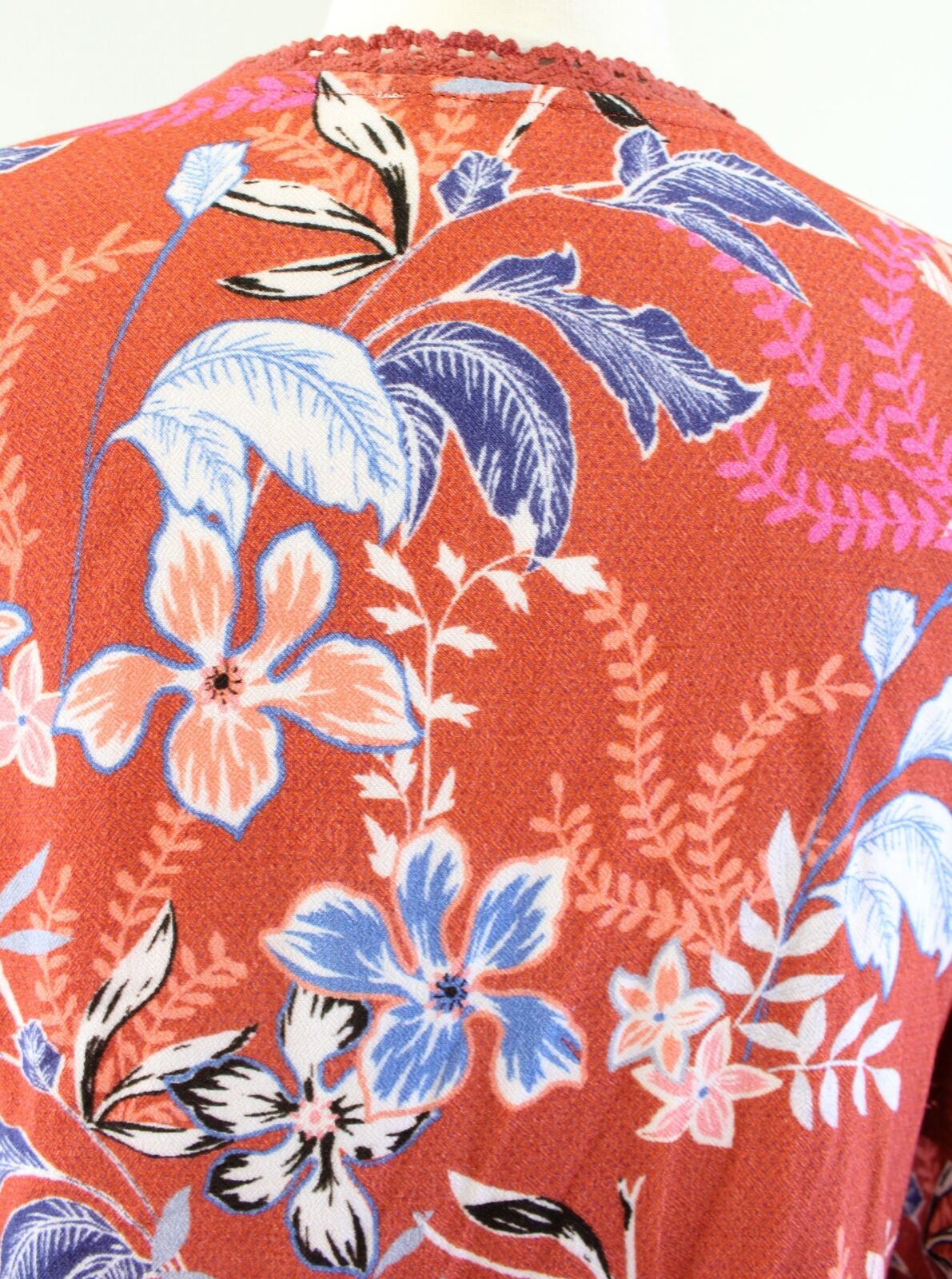 Sundance Floral Spirit Orange Printed Crochet Lace Trim Top Blouse Size S Blue Long sleeve