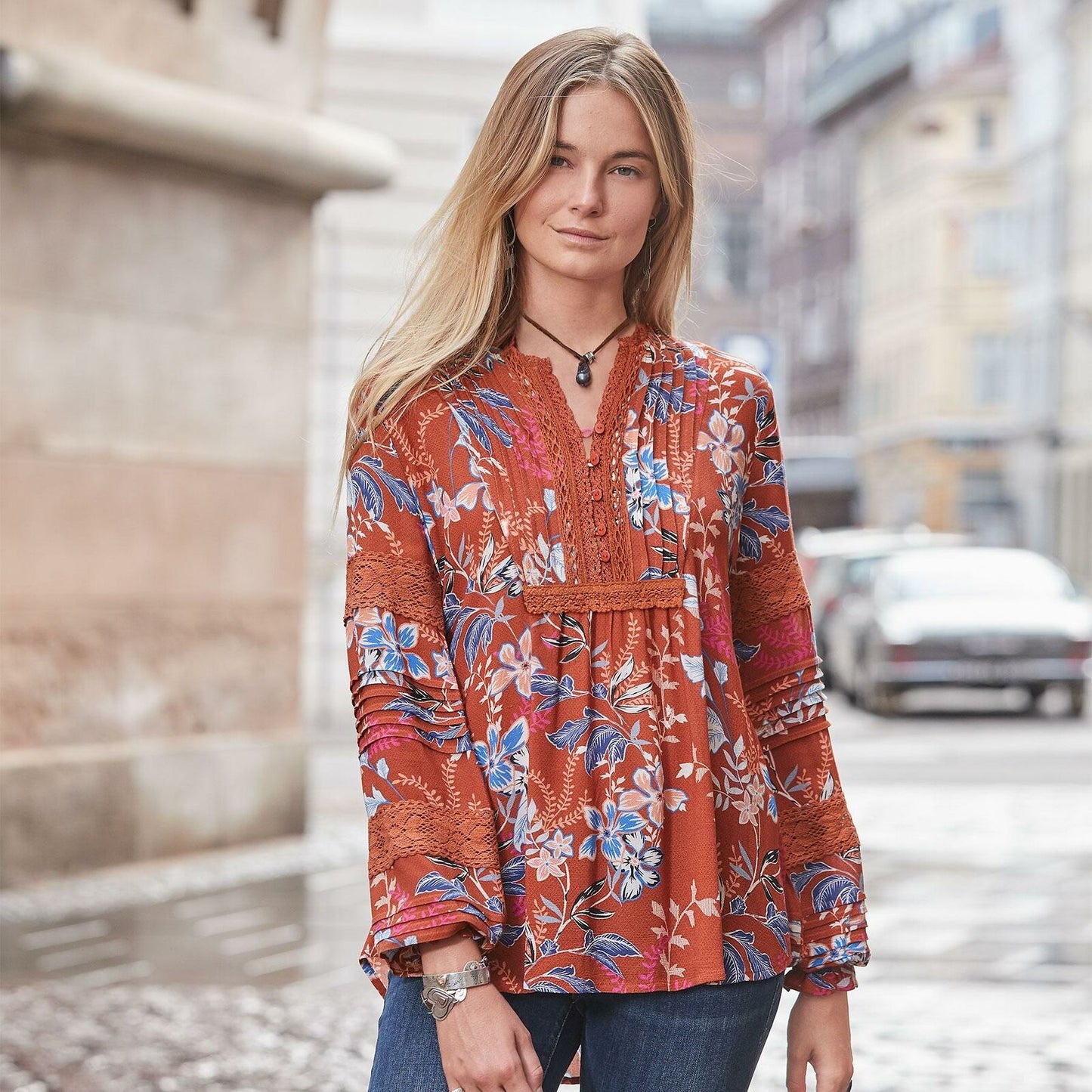 Sundance Floral Spirit Orange Printed Crochet Lace Trim Top Blouse Size S Blue Long sleeve