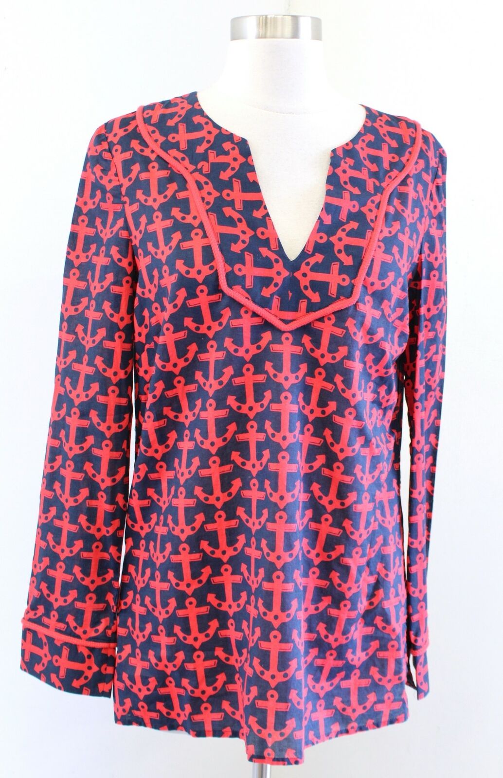 Vineyard Vines Navy Blue Red Anchor Print Tunic Top Blouse Sz S Rope Style Trim