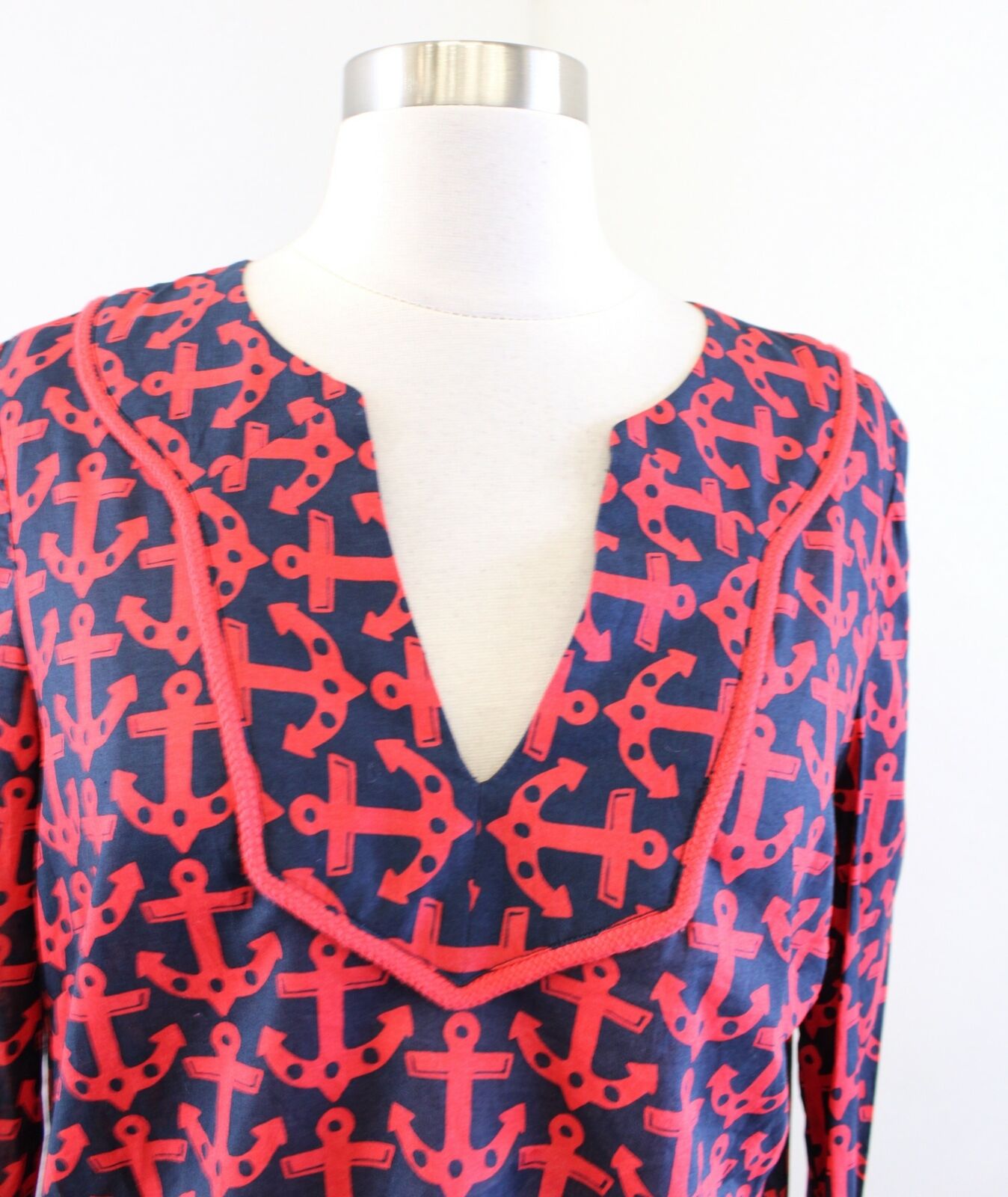 Vineyard Vines Navy Blue Red Anchor Print Tunic Top Blouse Sz S Rope Style Trim