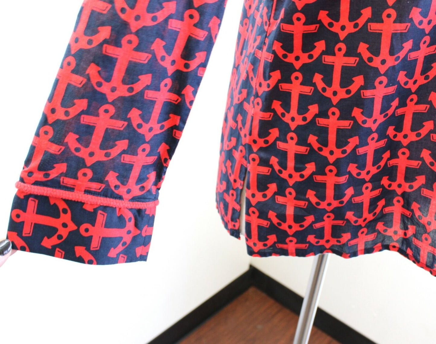Vineyard Vines Navy Blue Red Anchor Print Tunic Top Blouse Sz S Rope Style Trim