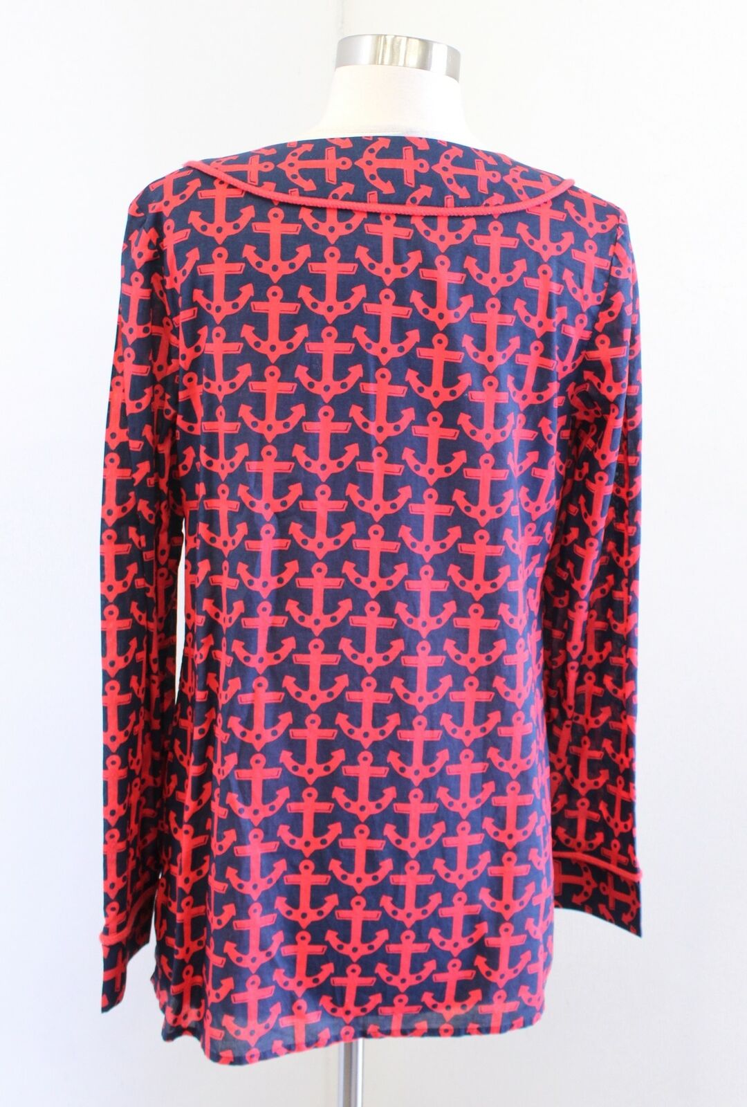 Vineyard Vines Navy Blue Red Anchor Print Tunic Top Blouse Sz S Rope Style Trim