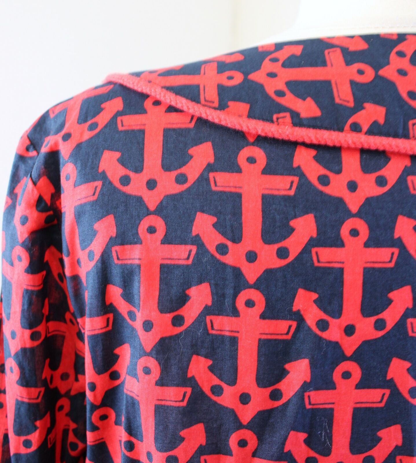 Vineyard Vines Navy Blue Red Anchor Print Tunic Top Blouse Sz S Rope Style Trim