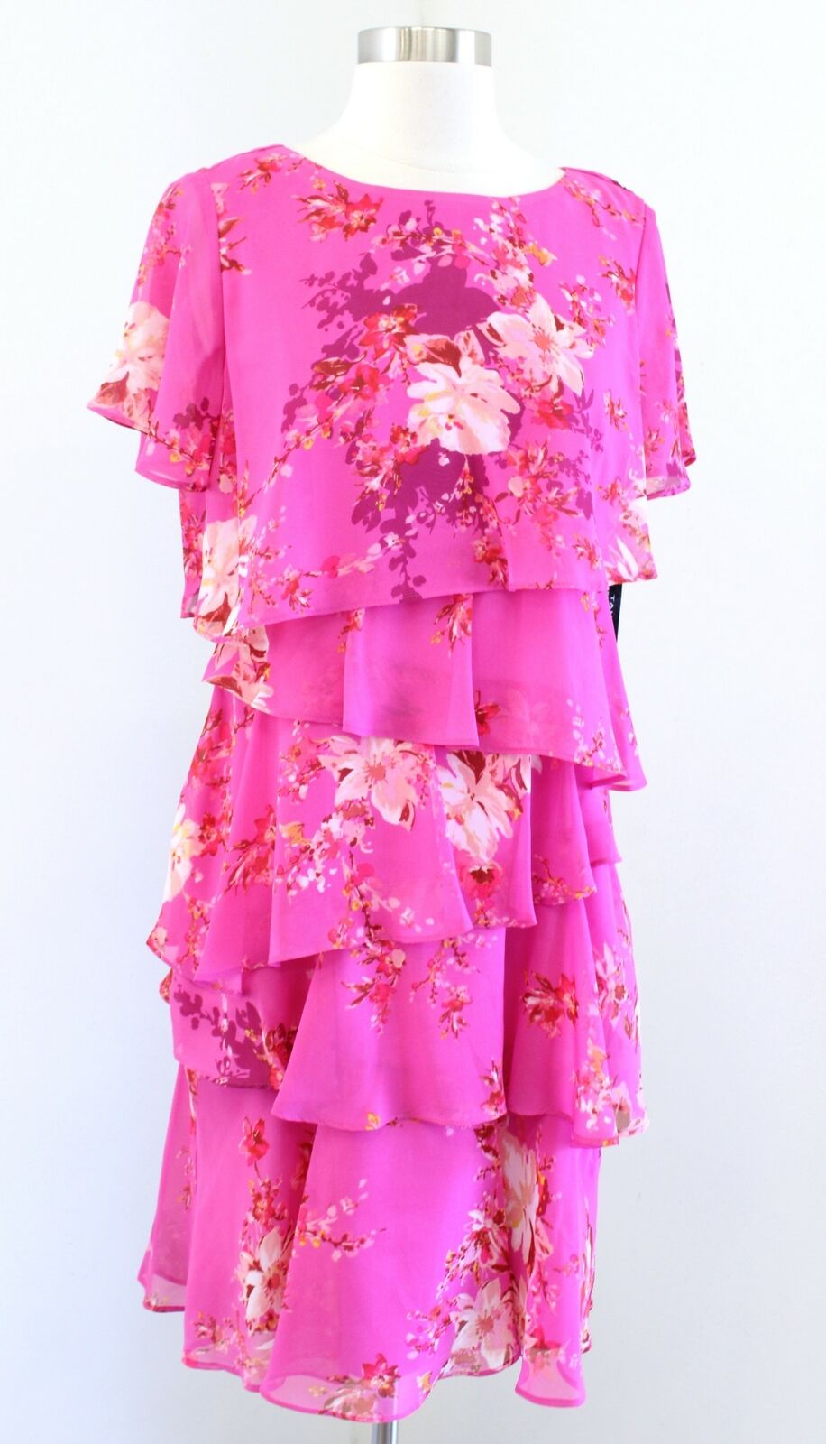 NWT Tahari ASL Levine Pink Floral Bouquet Print Ruffle Tiered dress Size 4