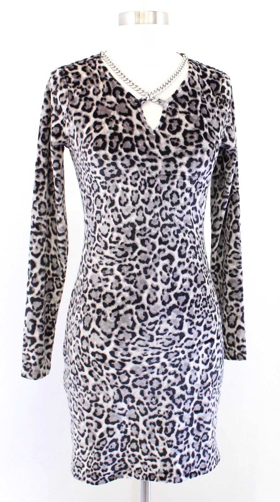 Michael Kors Gray Black Velvet Leopard Print Chain Neck Mini Fitted Dress Sz XS