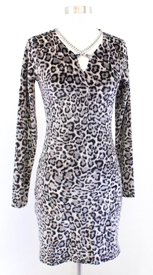 Michael Kors Gray Black Velvet Leopard Print Chain Neck Mini Fitted Dress Sz XS