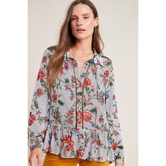 Maeve Anthropologie Janie Polka Dot Floral Print Flounce Hem Top Blouse Size 0