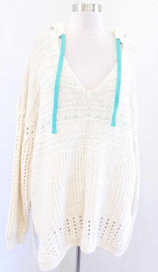 NWT Free People One that I Want Cream Crochet Hoodie Pullover Sweater Size M