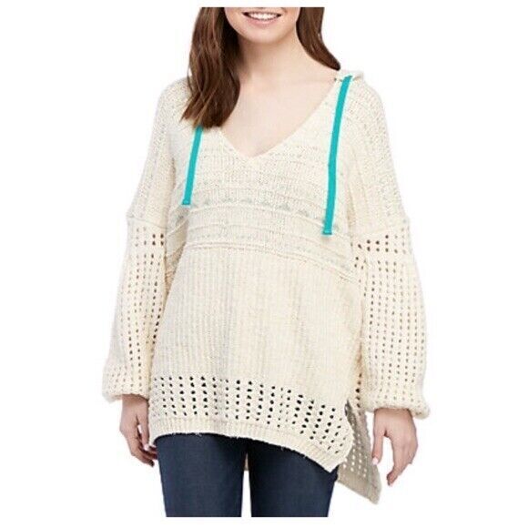 NWT Free People One that I Want Cream Crochet Hoodie Pullover Sweater Size M