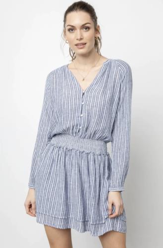 RAILS Jasmine Blue White Striped Linen Blend Smocked Tiered Dress Size S Mini