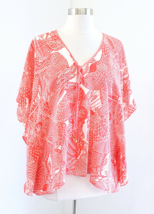 NWT Talbots Coral Floral Print Silk Poncho Style Top Blouse Size XS / S Boho