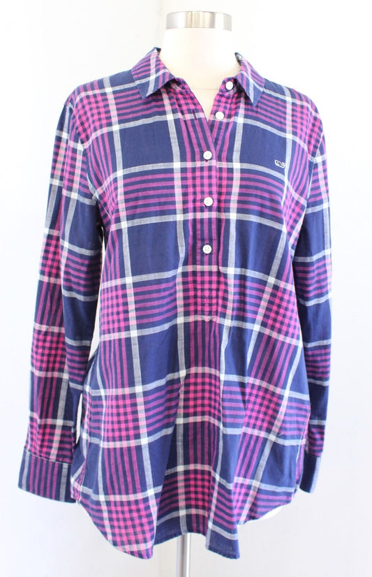 Vineyard Vines Harbor Plaid Relaxed Popover Shirt Blouse Size 8 Navy Pink Long Sleeve