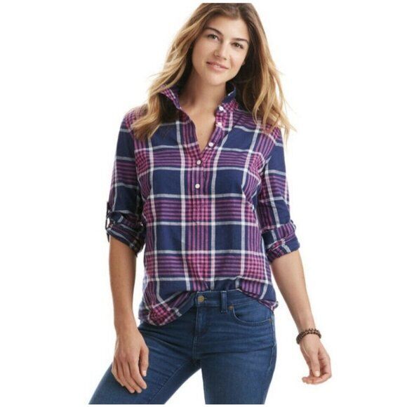 Vineyard Vines Harbor Plaid Relaxed Popover Shirt Blouse Size 8 Navy Pink Long Sleeve