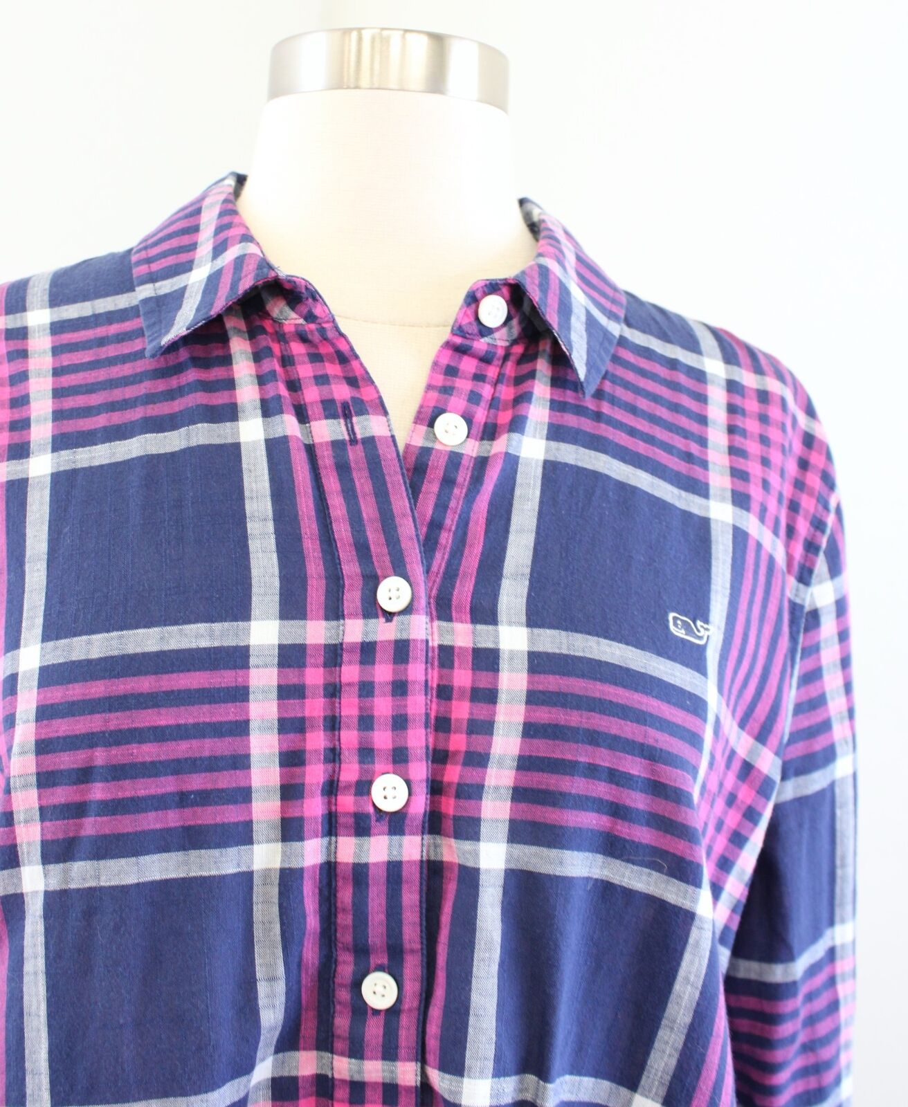 Vineyard Vines Harbor Plaid Relaxed Popover Shirt Blouse Size 8 Navy Pink Long Sleeve