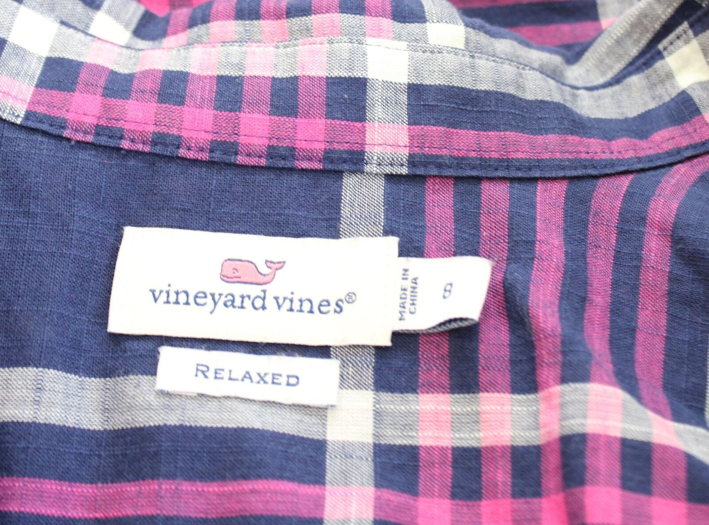 Vineyard Vines Harbor Plaid Relaxed Popover Shirt Blouse Size 8 Navy Pink Long Sleeve